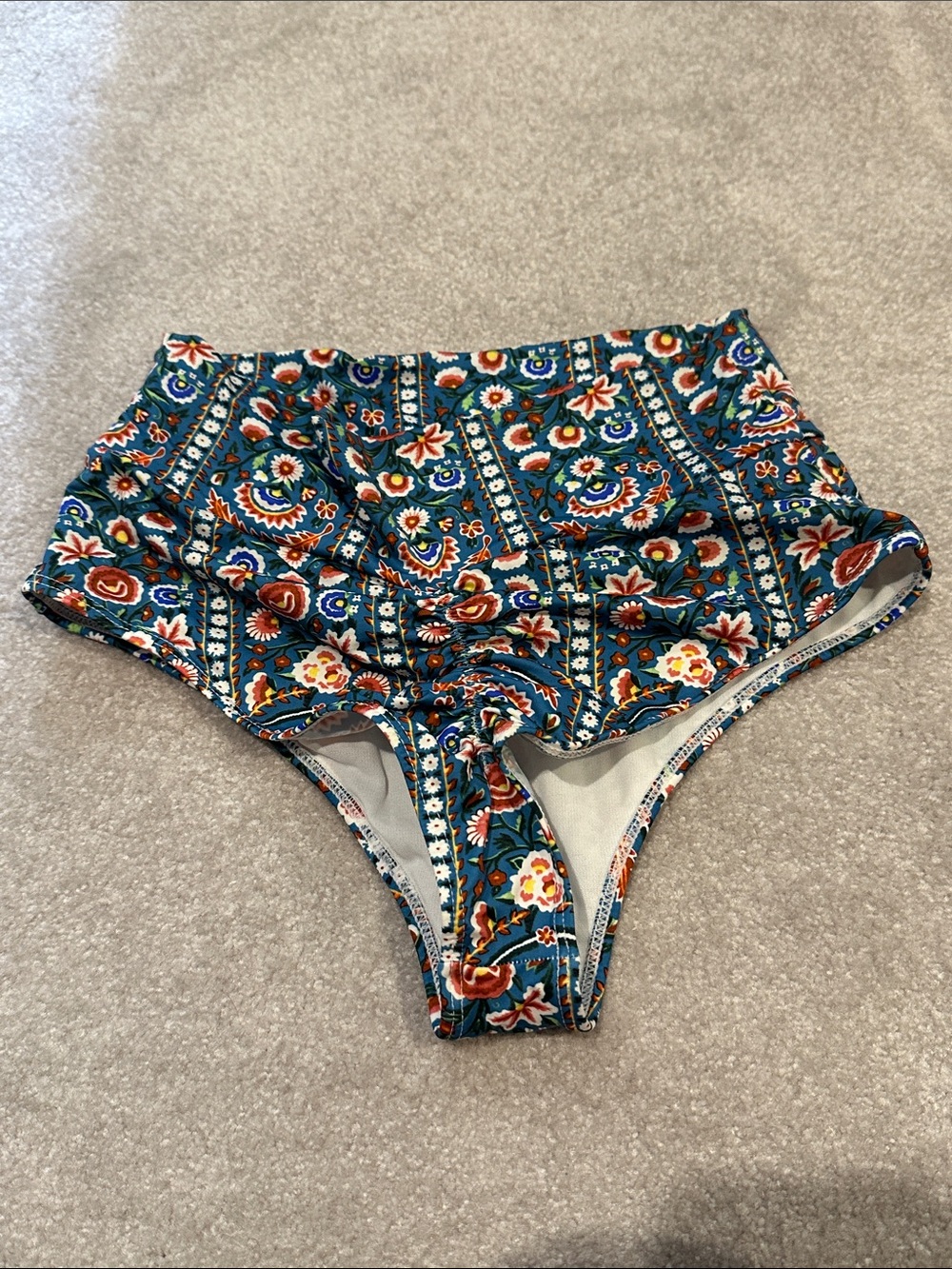 Montce High-Waist Floral Tile Print Bikini Bottom - Teal, Rust, White - Picture 2 of 2